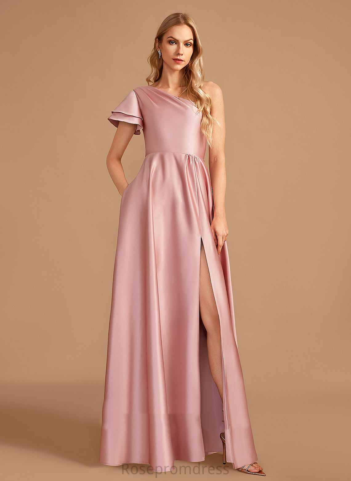 SplitFront Neckline One-Shoulder Length Floor-Length A-Line Embellishment Silhouette Fabric Ava Spaghetti Staps Floor Length Bridesmaid Dresses