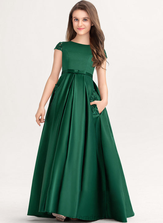 Neck Pockets Floor-Length Scoop Bow(s) Junior Bridesmaid Dresses Lace With Satin Ball-Gown/Princess Pamela