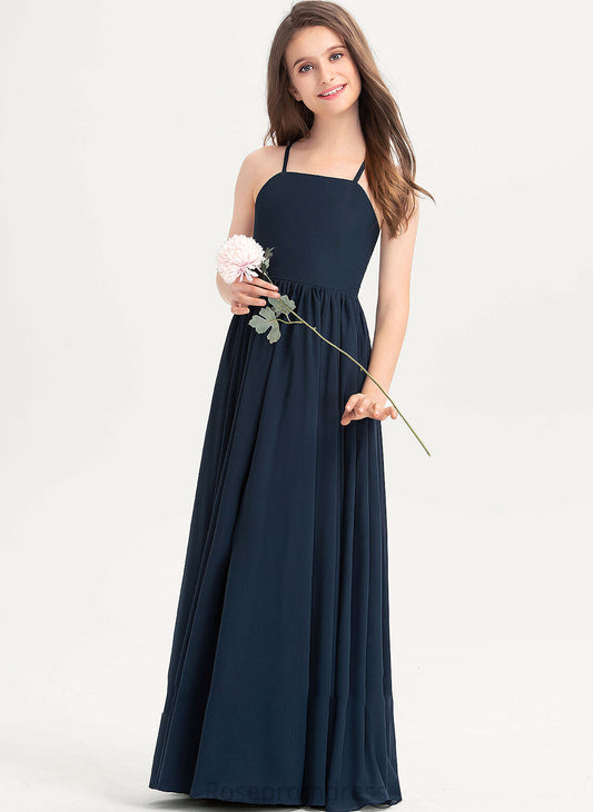 Floor-Length With Bow(s) Square Renee Junior Bridesmaid Dresses Chiffon A-Line Neckline