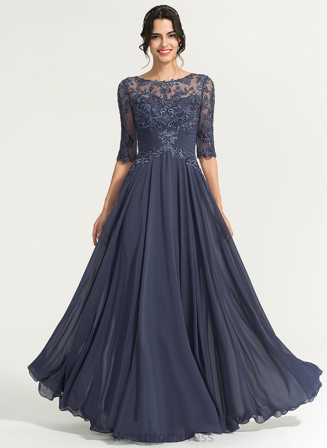 A-Line Scoop Lace Madelyn Chiffon Sequins With Prom Dresses Floor-Length