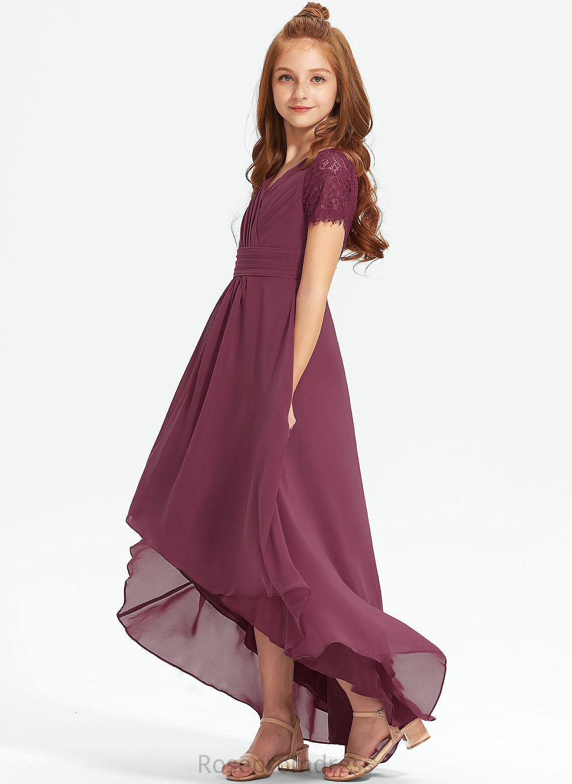 A-Line V-neck Ruffle Junior Bridesmaid Dresses Asymmetrical Katie With Chiffon Lace