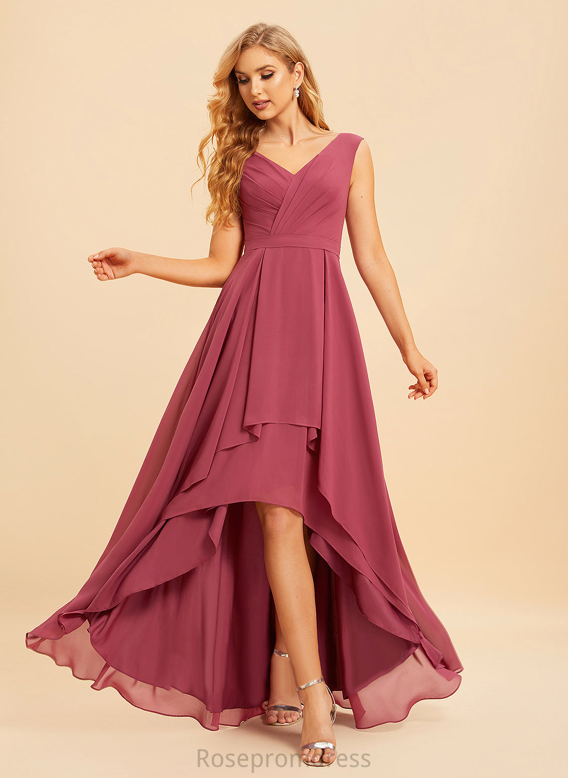 A-Line Silhouette V-neck Fabric Neckline Asymmetrical Embellishment Length Ruffle Elliana Sweetheart Floor Length Bridesmaid Dresses