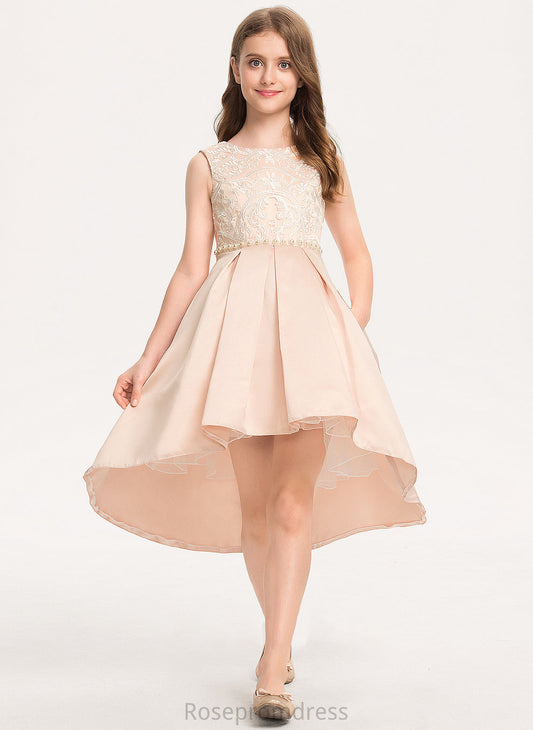 Pockets Asymmetrical A-Line Satin Lace Neck Junior Bridesmaid Dresses Scoop Beading With Mary