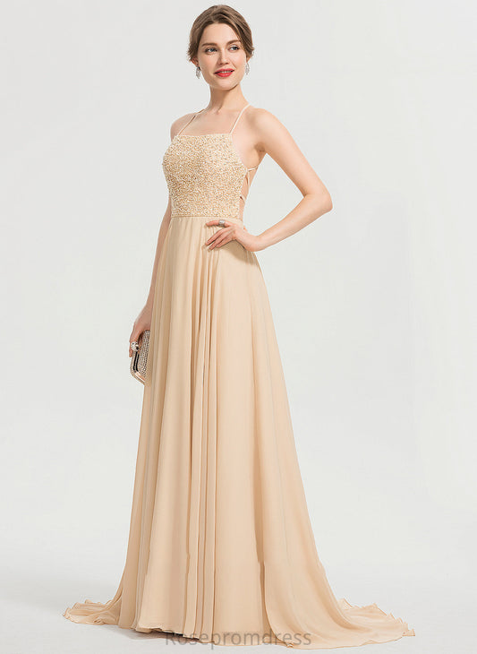 Prom Dresses Square Neckline Beading Sweep Chiffon Train A-Line Serenity Sequins With