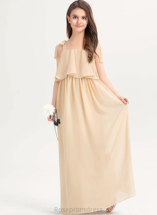 Ruffles A-Line Amber With Neckline Bow(s) Floor-Length Junior Bridesmaid Dresses Square Chiffon Cascading