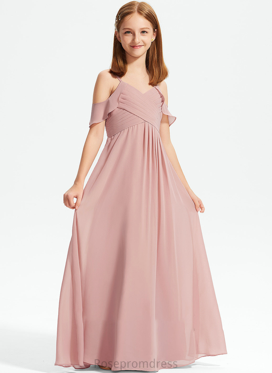 Junior Bridesmaid Dresses A-Line With Off-the-Shoulder Cascading Karen Ruffles Floor-Length Chiffon