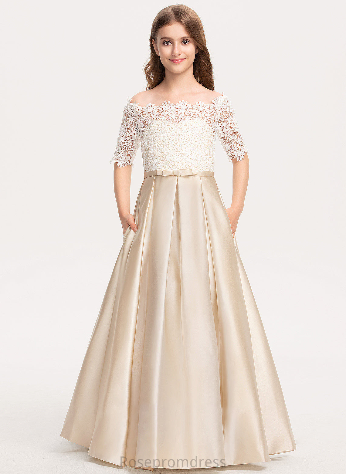 Bow(s) Satin Off-the-Shoulder Ball-Gown/Princess Lace Junior Bridesmaid Dresses Floor-Length Imani With Pockets