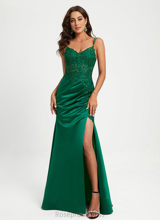 Satin Lace With Sequins Floor-Length Thelma Sheath/Column V-neck Prom Dresses