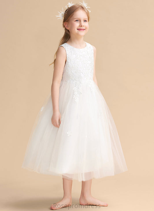 With Neck Girl Flower Girl Dresses A-Line Sleeveless Scoop Bow(s) - Satin/Tulle Tea-length Flower Dress Danika