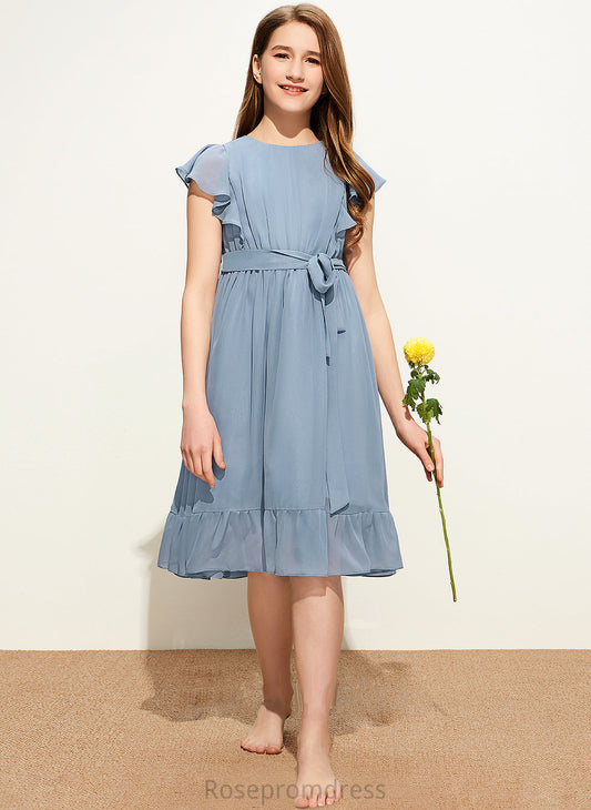 Knee-Length Scoop With Saige Chiffon A-Line Cascading Junior Bridesmaid Dresses Neck Ruffles Bow(s)