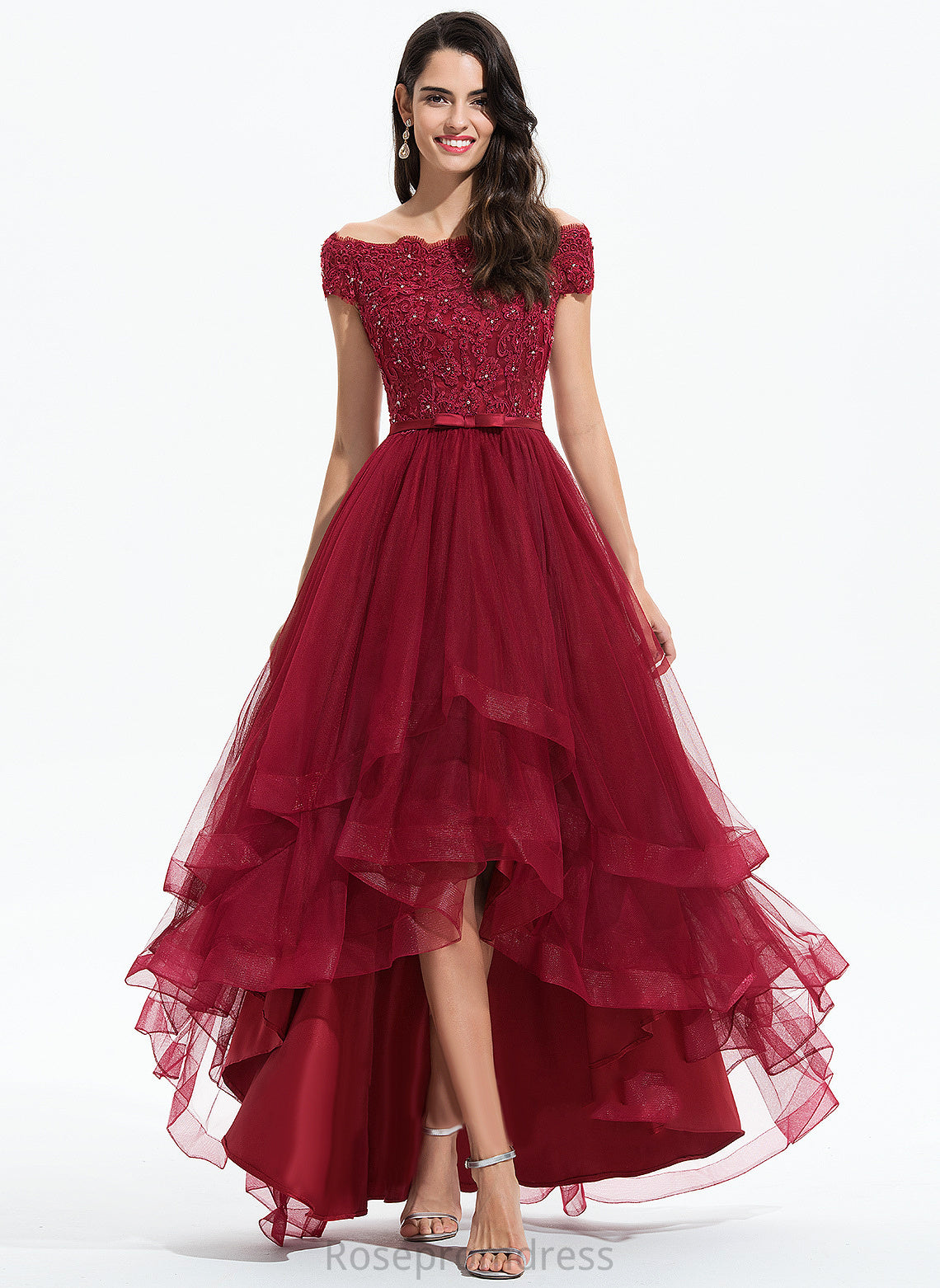 A-Line Lace With Bow(s) Dress Homecoming Dresses Off-the-Shoulder Jo Homecoming Beading Tulle Asymmetrical