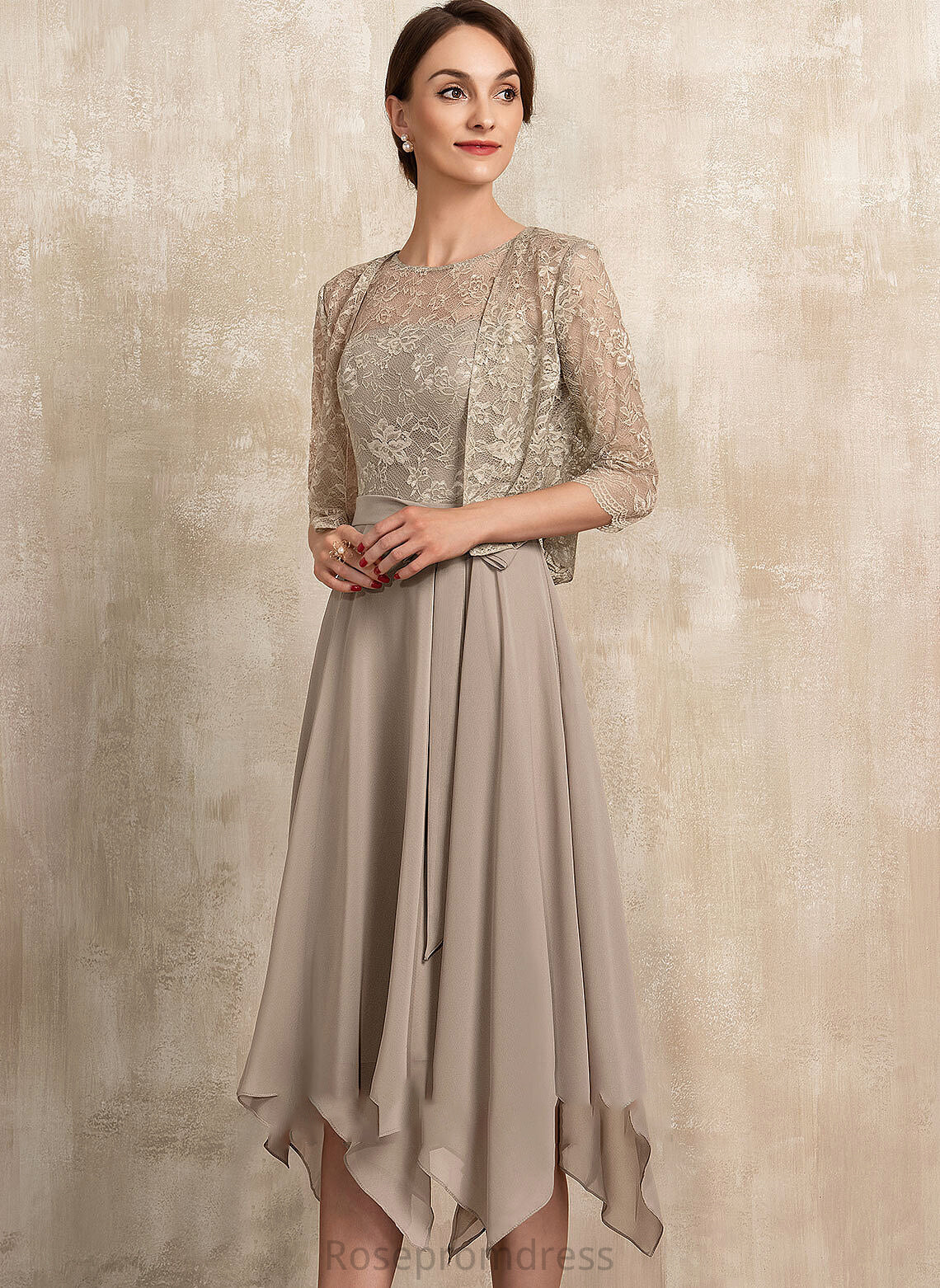 Bow(s) the Bride Chiffon Mother Jocelyn Mother of the Bride Dresses Tea-Length Neck of With Lace Scoop A-Line Dress