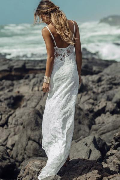 Long Simple A-Line Sheath Spaghetti Straps Backless Sweetheart Lace Beach Wedding Dresses RS382