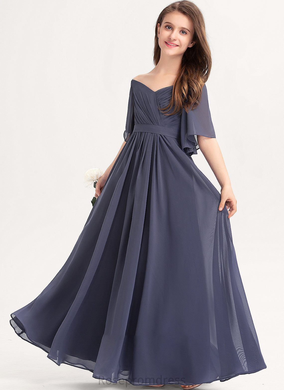 Bow(s) Junior Bridesmaid Dresses Off-the-Shoulder Floor-Length Ruffle Lilith With Chiffon A-Line