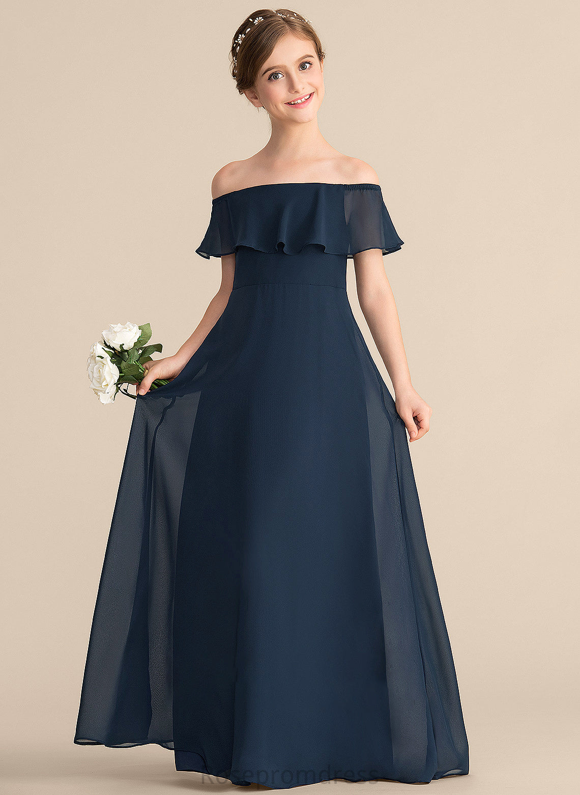 Chiffon With Cascading A-Line Ruffles Junior Bridesmaid Dresses Arely Floor-Length Off-the-Shoulder