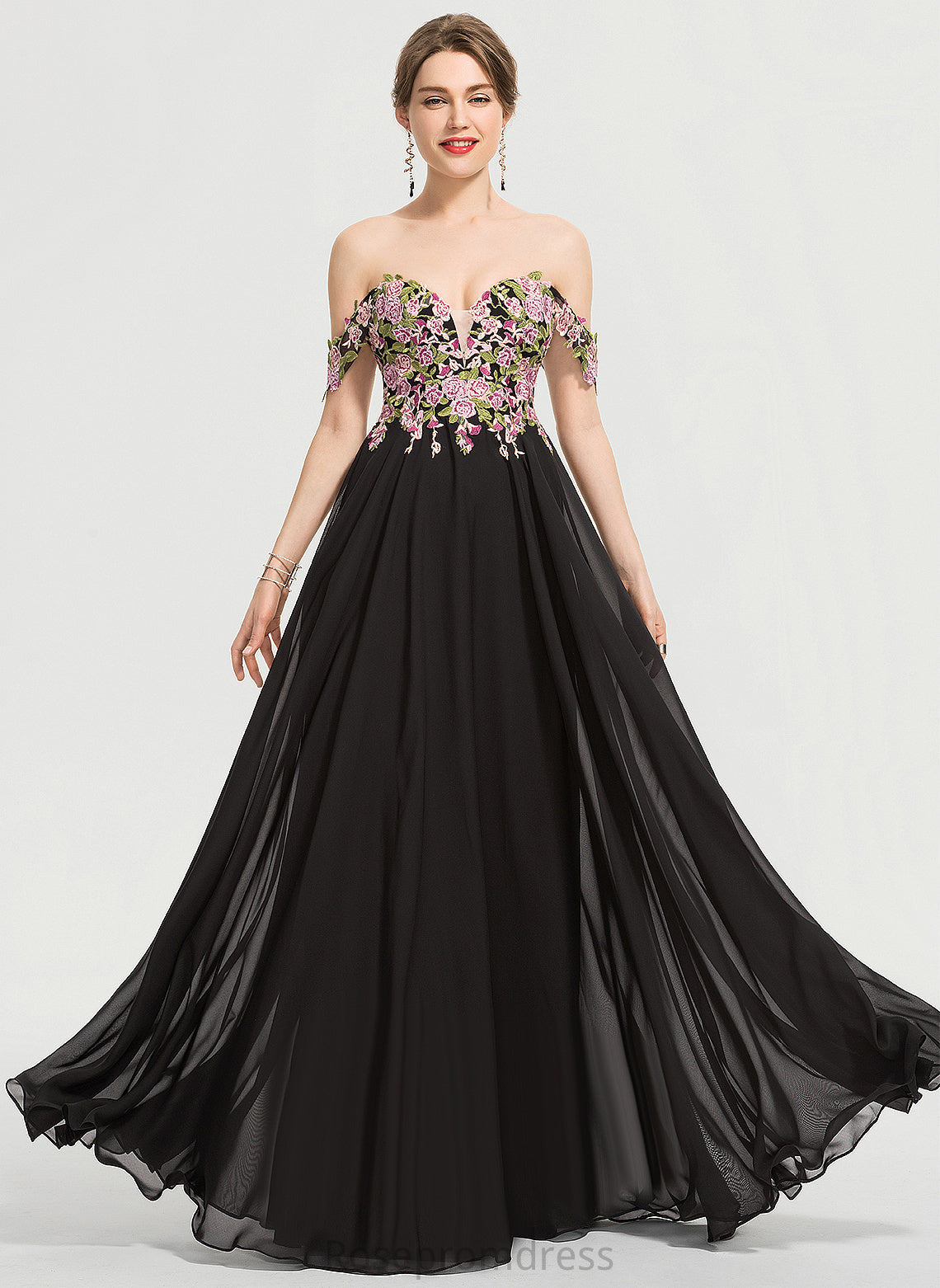 Ball-Gown/Princess Ayanna Lace Off-the-Shoulder Chiffon Prom Dresses Floor-Length