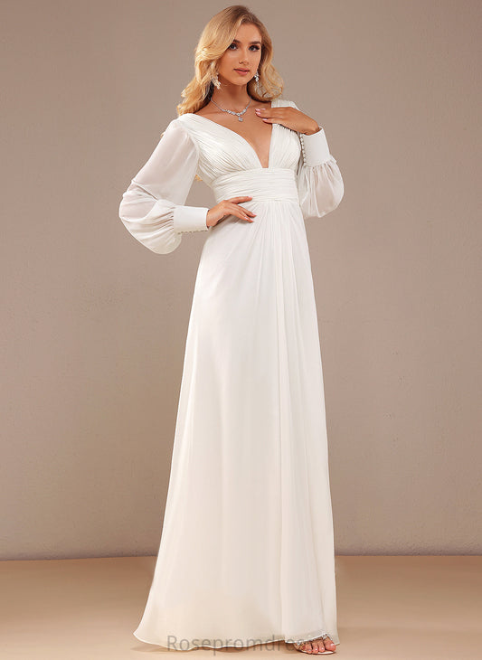 Floor-Length Chiffon V-neck With Wedding A-Line Sage Wedding Dresses Dress Ruffle