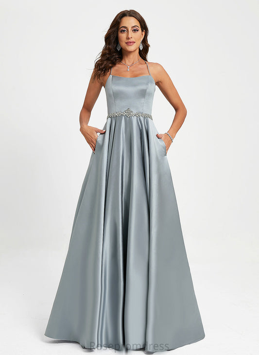 Beading Scoop Floor-Length With Satin Jess A-Line Prom Dresses