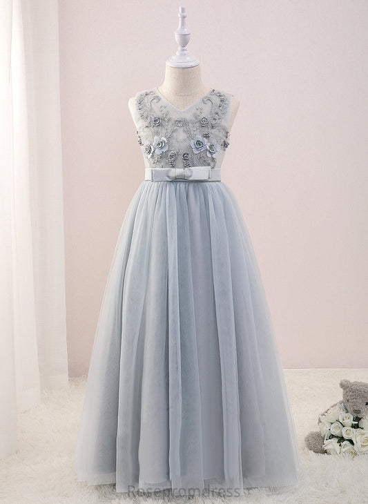 Flower A-Line Sleeveless Beading/Flower(s) Dress - Tulle/Lace Flower Girl Dresses Floor-length With V-neck Veronica Girl