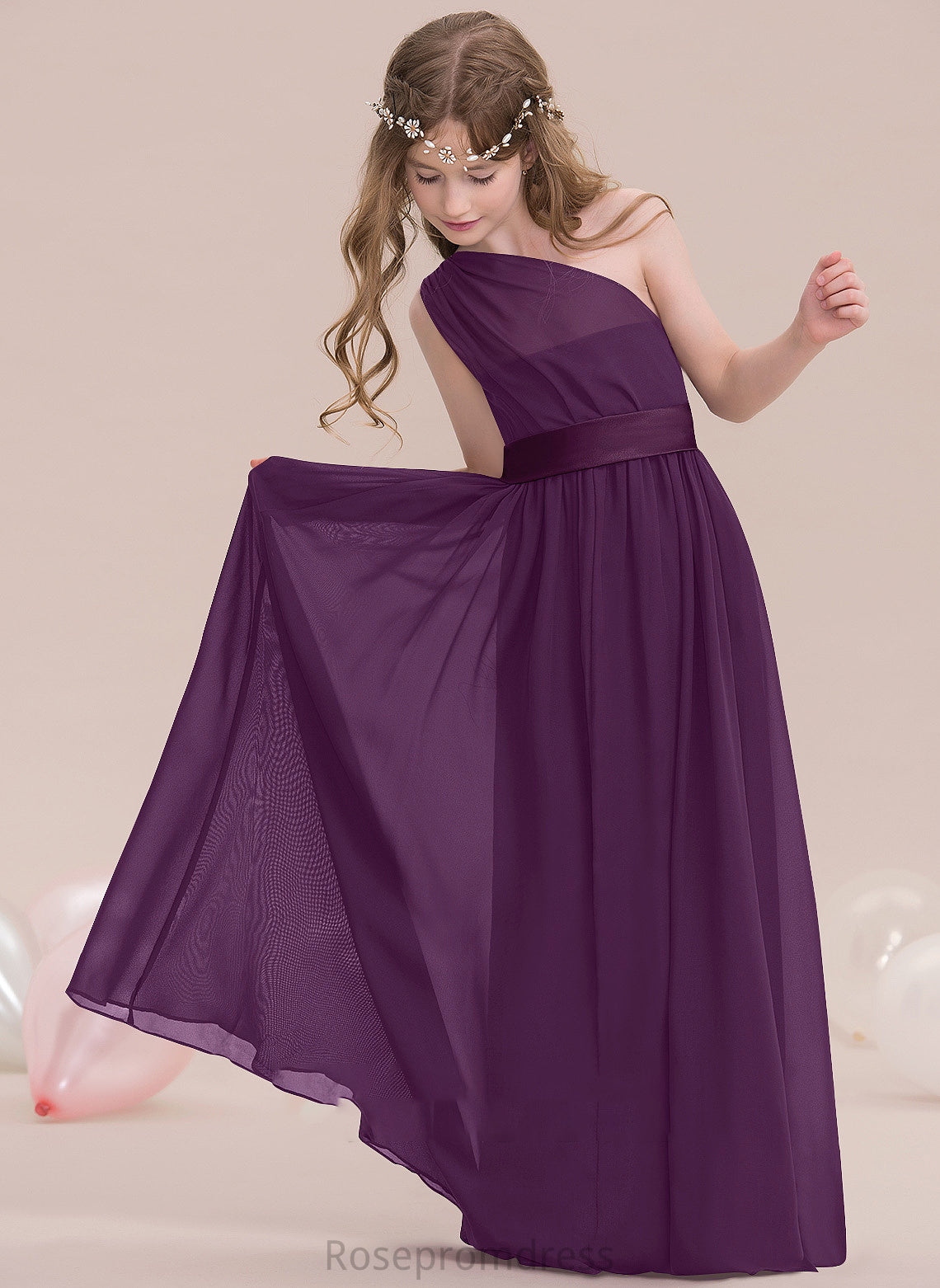 Aurora Ruffle Junior Bridesmaid Dresses One-Shoulder With Floor-Length A-Line Chiffon