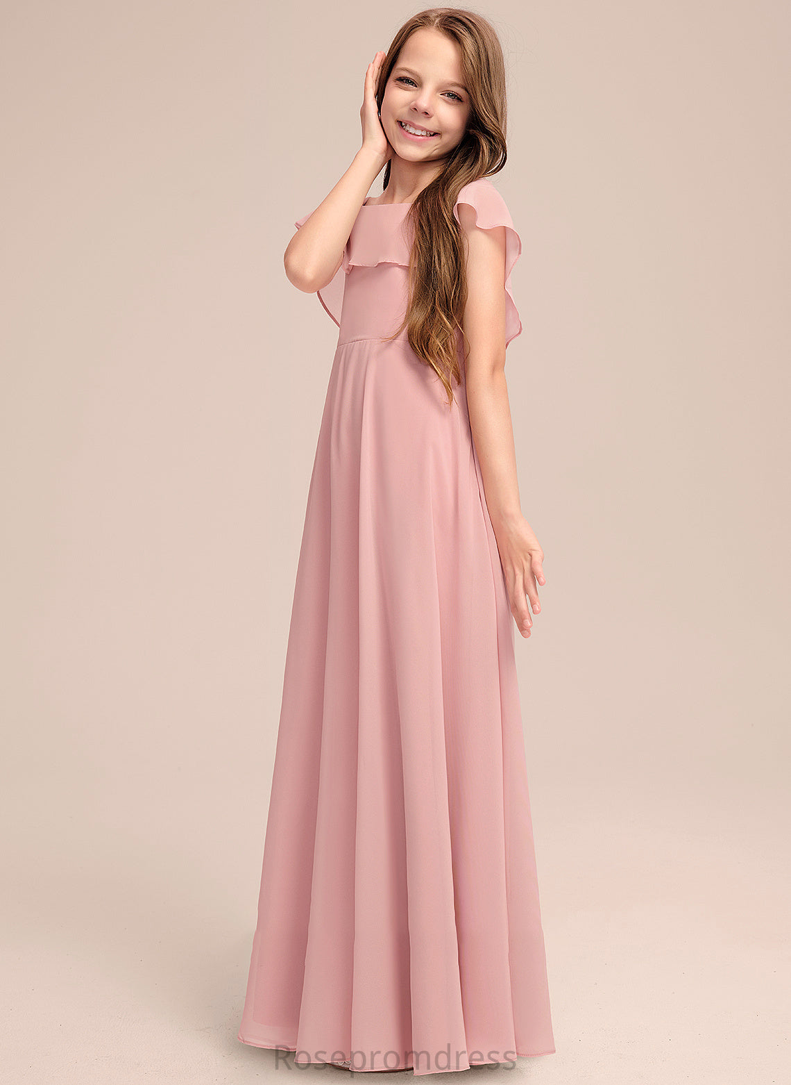 Cascading A-Line Floor-Length Junior Bridesmaid Dresses With Ruffles Neck Scoop Rachel Chiffon