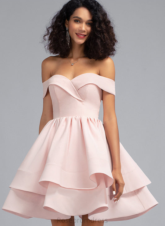 Cascading Short/Mini Ruffles Homecoming Crepe A-Line Stretch Aryana Dress Homecoming Dresses With Off-the-Shoulder