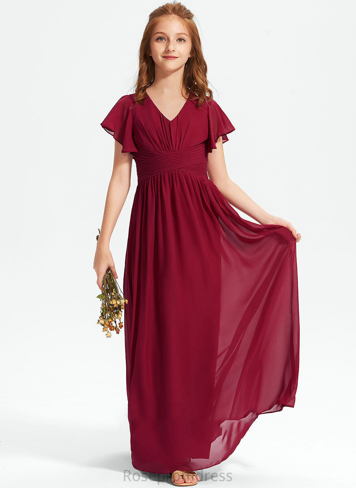 V-neck A-Line Ruffle Jayden Chiffon With Floor-Length Junior Bridesmaid Dresses