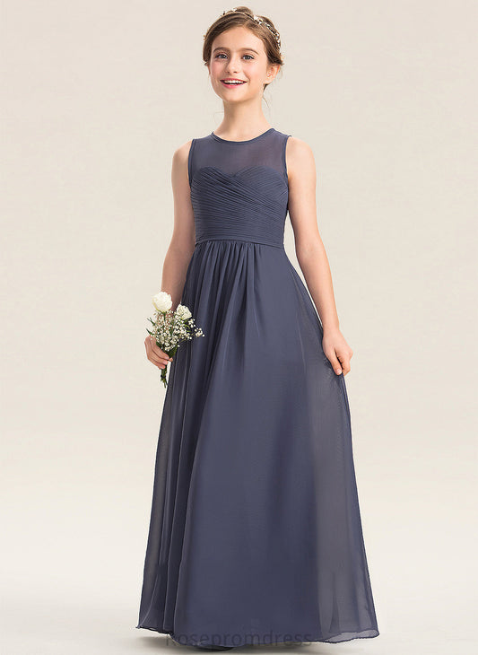 Ruffle Neck Junior Bridesmaid Dresses Floor-Length With A-Line Scarlet Scoop Chiffon