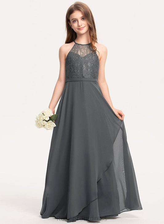 With Lace Isis Neck Scoop Chiffon Cascading Floor-Length Ruffles A-Line Junior Bridesmaid Dresses