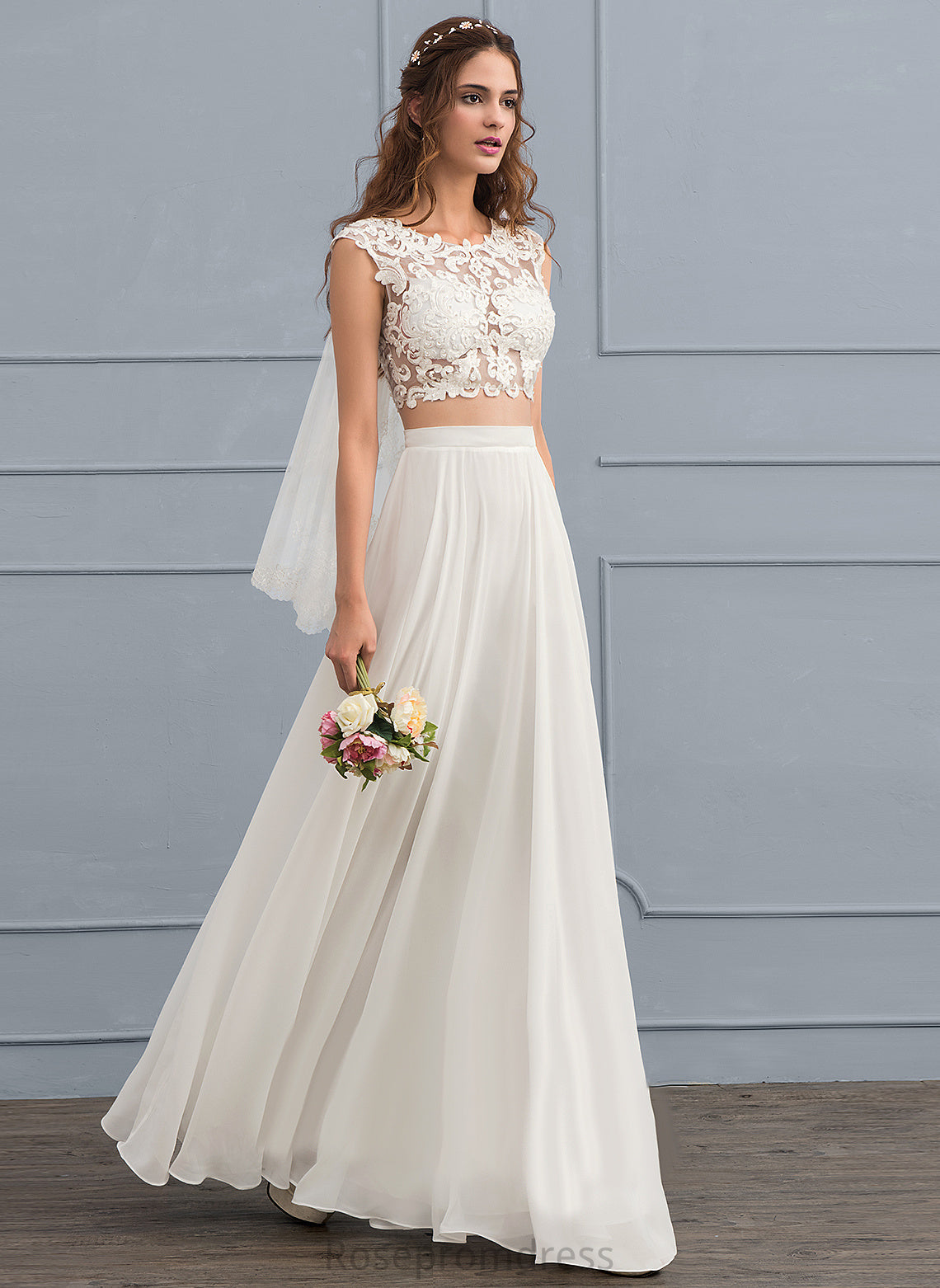 Lace Beading Wedding A-Line Dress Chiffon Neck Floor-Length Sequins Wedding Dresses With Scoop Elianna