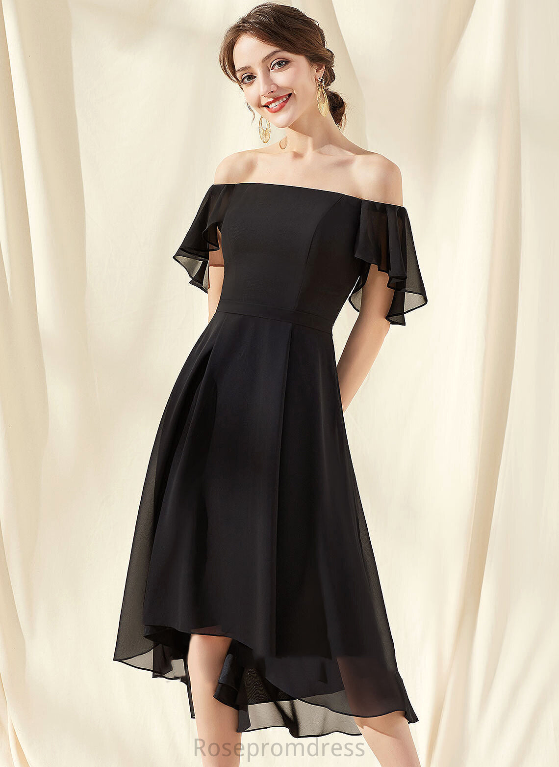 Asymmetrical Cascading A-Line Ruffles Brooklyn Homecoming Off-the-Shoulder Chiffon Dress Homecoming Dresses With