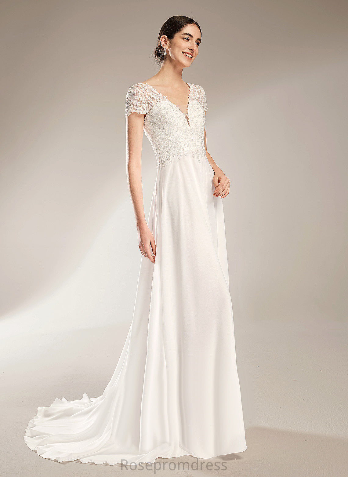 Wedding Melany Chiffon Bow(s) Lace Wedding Dresses V-neck A-Line Court With Dress Train