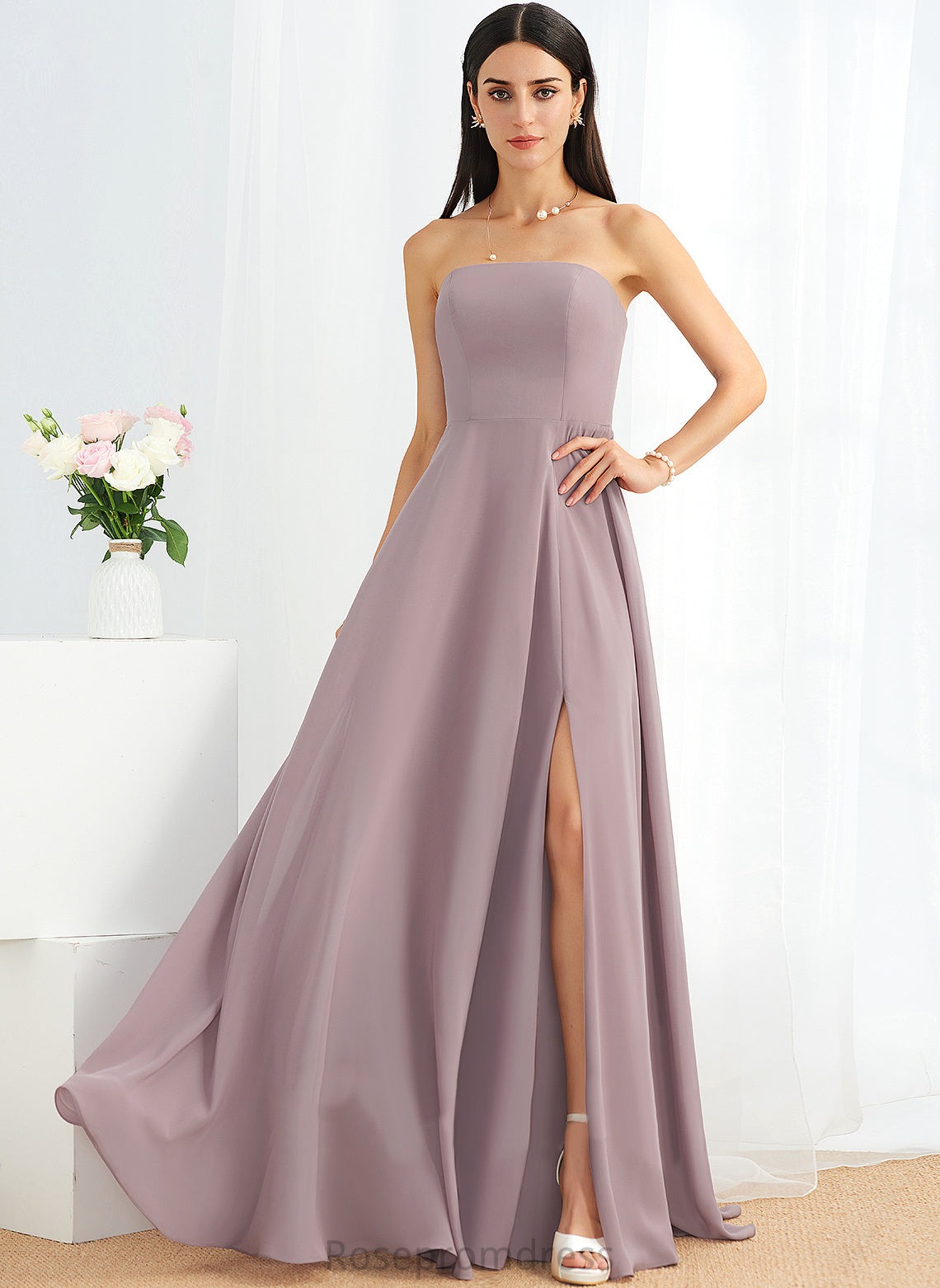 Length Silhouette SplitFront Fabric Strapless Embellishment Neckline A-Line Floor-Length Nicky Natural Waist Floor Length Bridesmaid Dresses