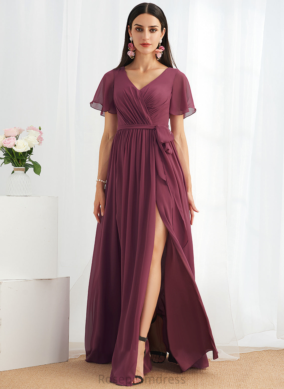 V-neck Length Neckline A-Line Fabric Floor-Length SplitFront Silhouette Embellishment Maureen A-Line/Princess Floor Length Bridesmaid Dresses