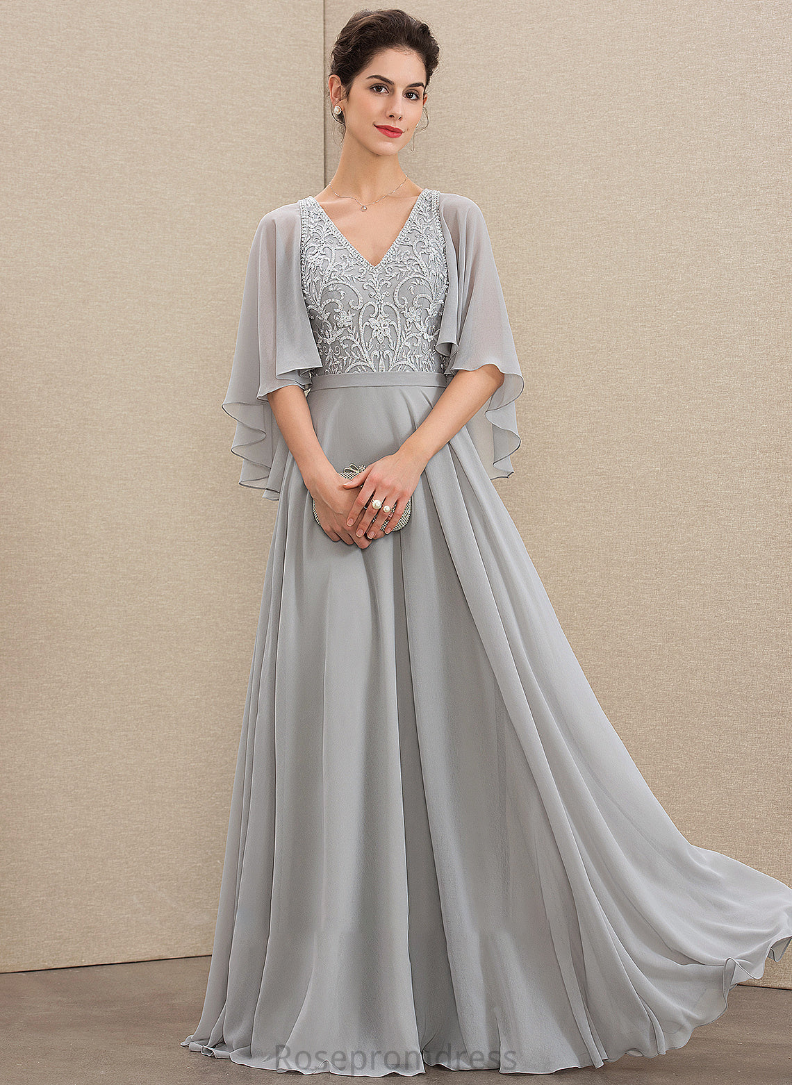 A-Line Viola Sequins Chiffon Mother Mother of the Bride Dresses of Dress Lace Floor-Length With V-neck the Beading Bride