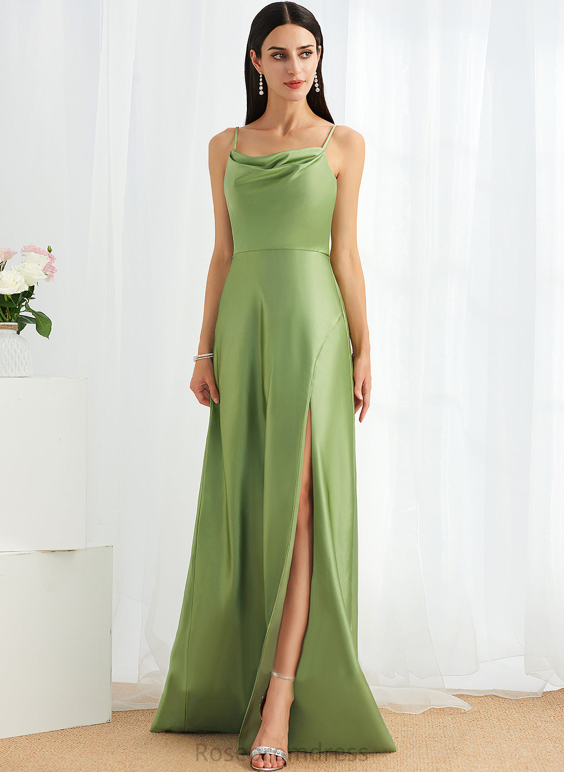 A-Line Length CowlNeck Silhouette Floor-Length Neckline SplitFront Embellishment Fabric Mary A-Line/Princess Floor Length Bridesmaid Dresses