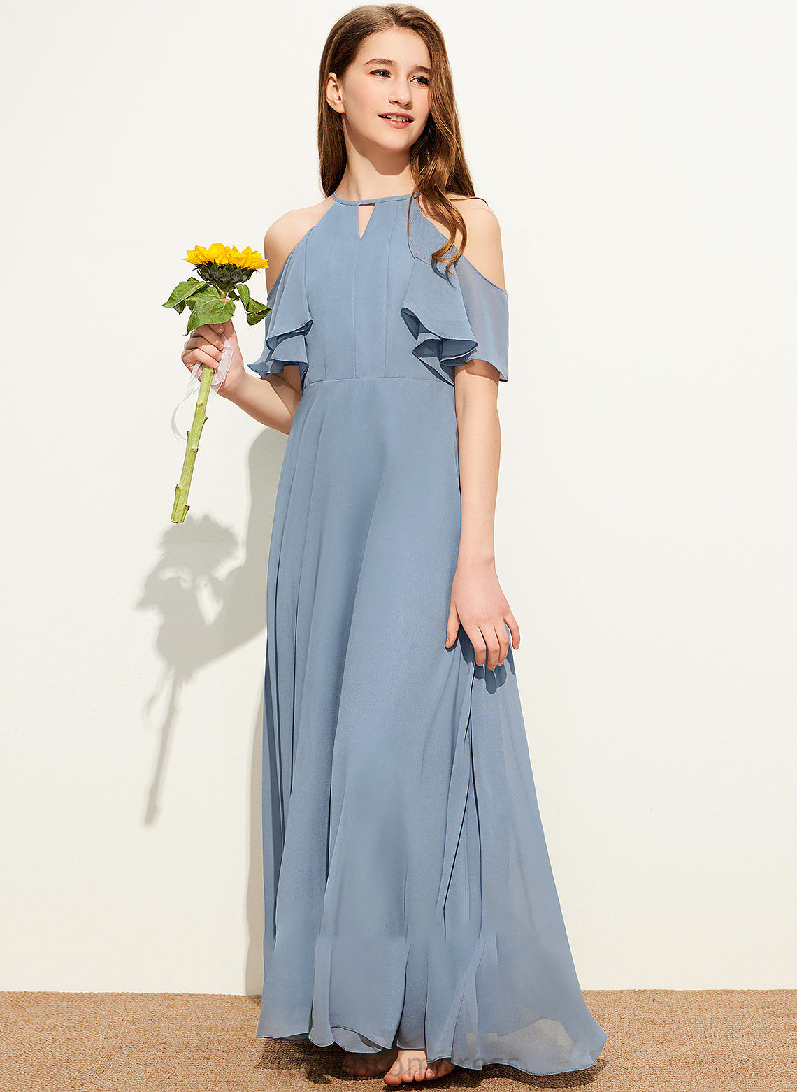 Junior Bridesmaid Dresses A-Line Floor-Length With Scoop Chiffon Teresa Neck Cascading Ruffles