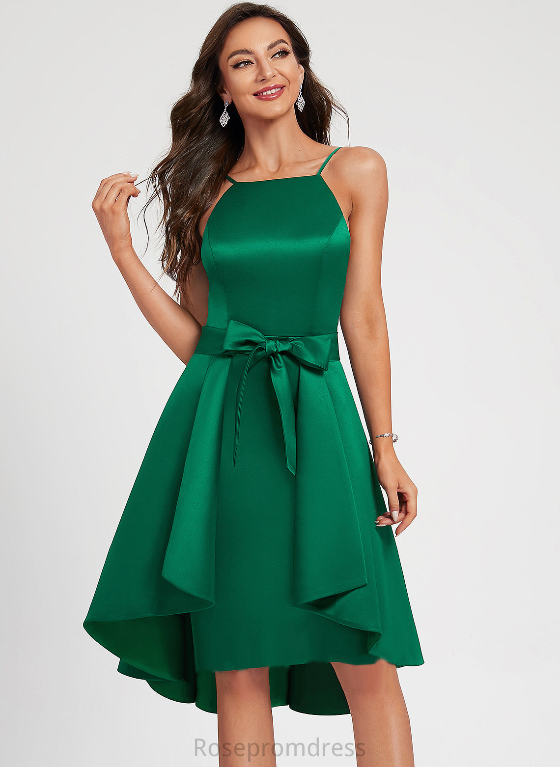 Cocktail Dresses Kasey Square A-Line With Bow(s) Ruffle Cocktail Satin Neckline Dress Knee-Length