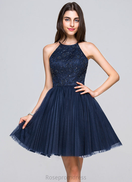 Short/Mini Prom Dresses Sequins Ashtyn Neck Scoop With Bow(s) A-Line/Princess Pleated Beading