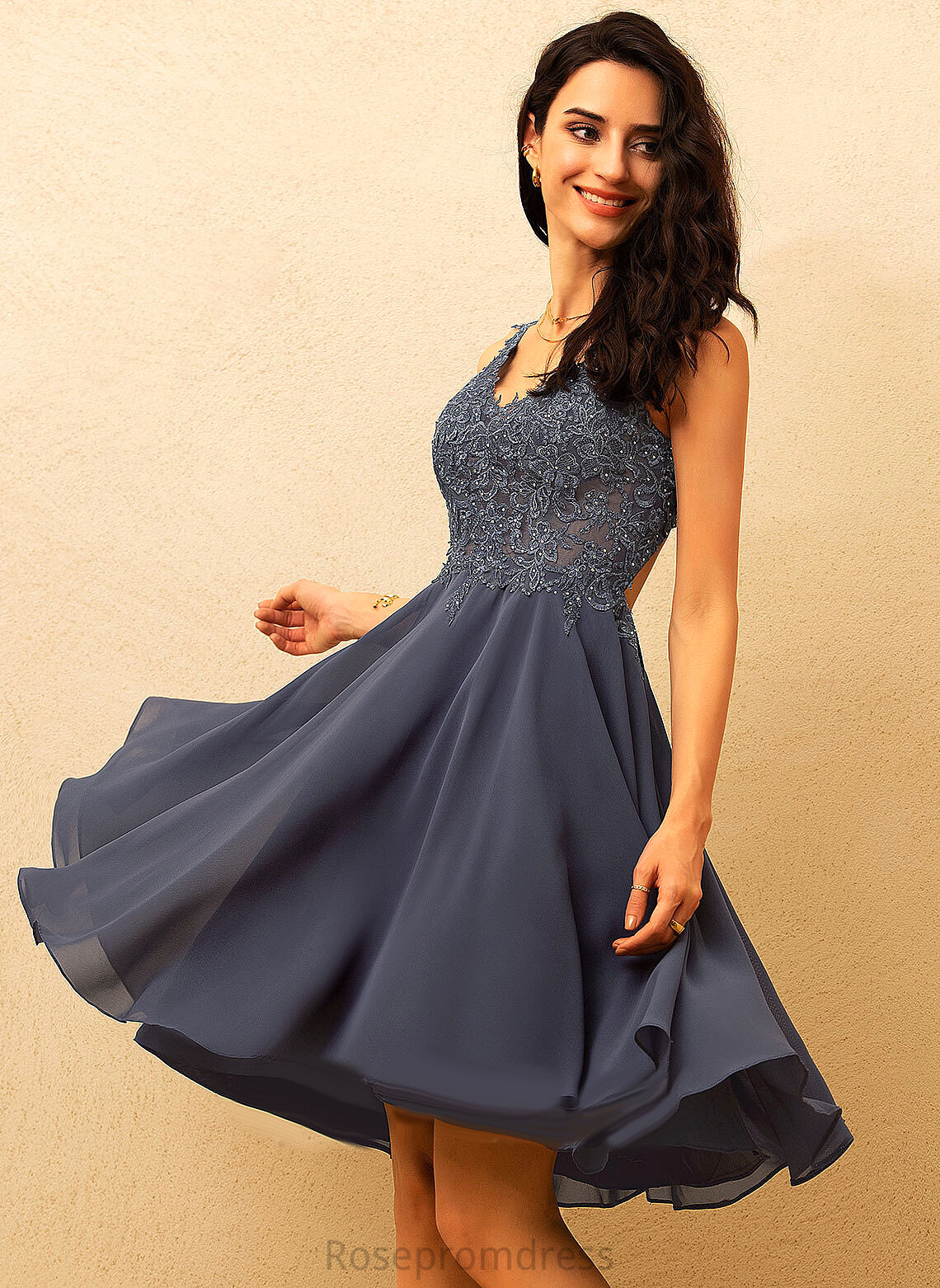 Beading Chiffon Prom Dresses V-neck With Lace Short/Mini A-Line Kassandra