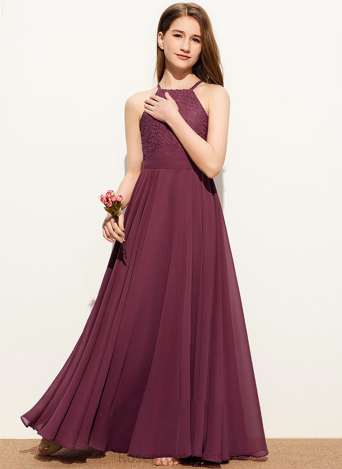 Floor-Length Lace Square A-Line Emilia Neckline Chiffon Junior Bridesmaid Dresses