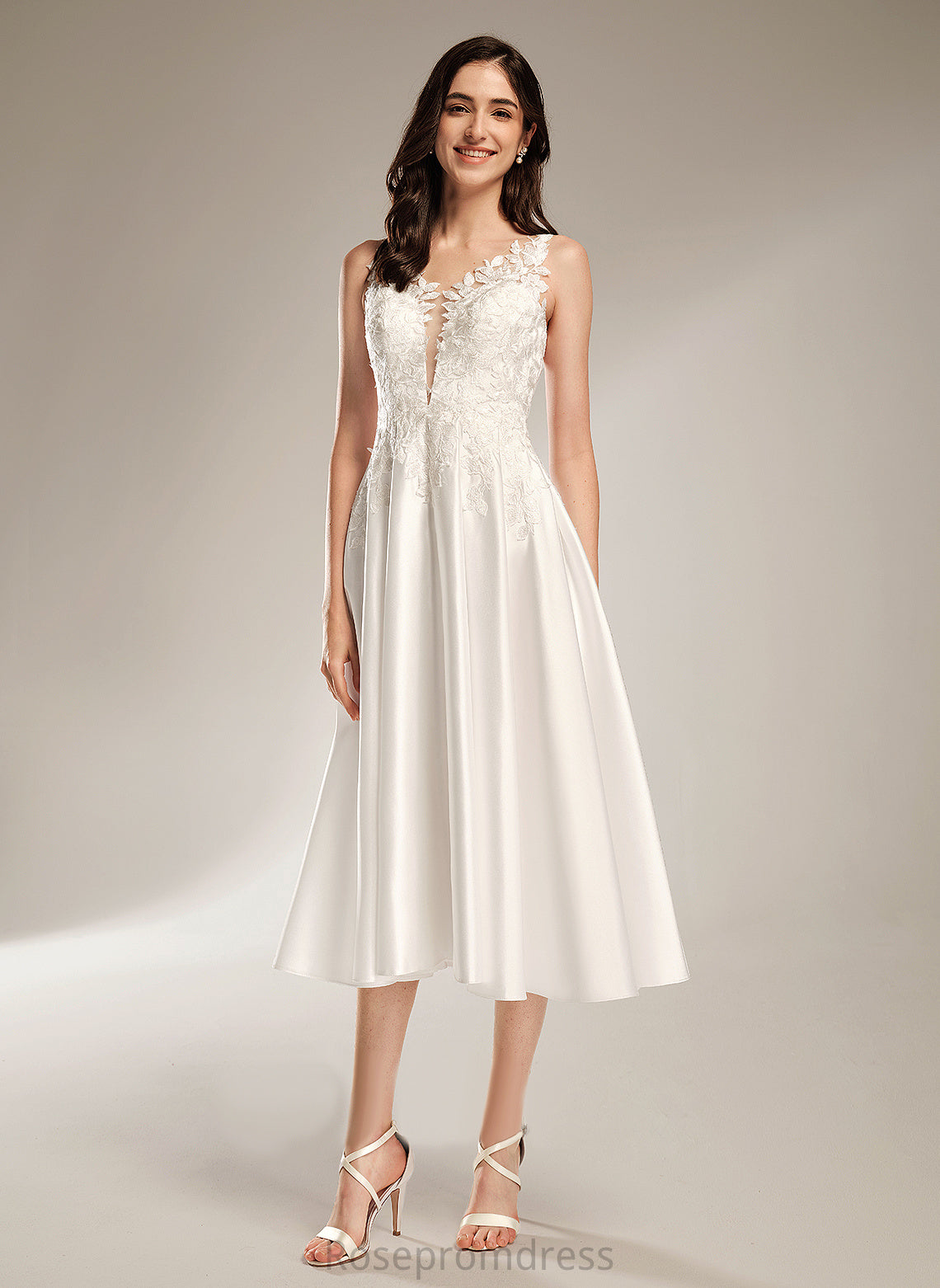 Lace A-Line Nadia Wedding Wedding Dresses Dress V-neck Tea-Length Satin