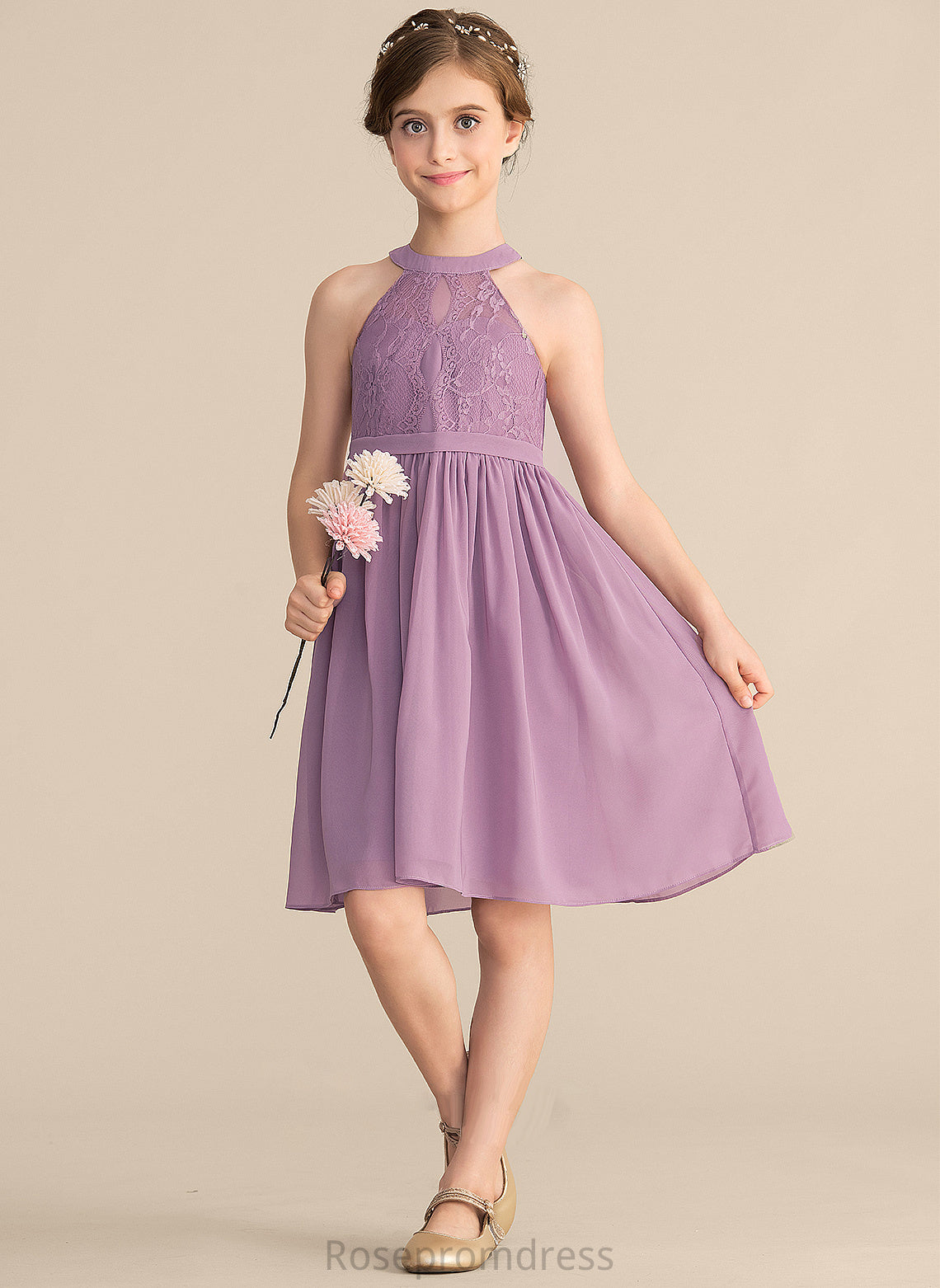 Chiffon Knee-Length Neck Lace Rachael Junior Bridesmaid Dresses A-Line Scoop