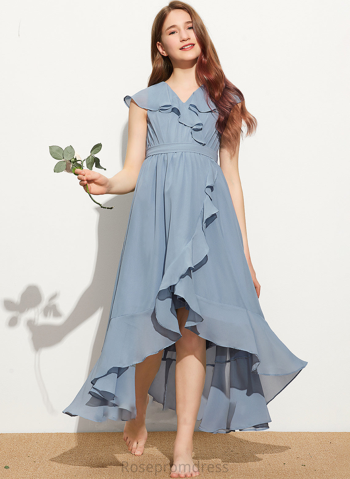 With Alannah Bow(s) Ruffles Cascading V-neck A-Line Junior Bridesmaid Dresses Asymmetrical Chiffon