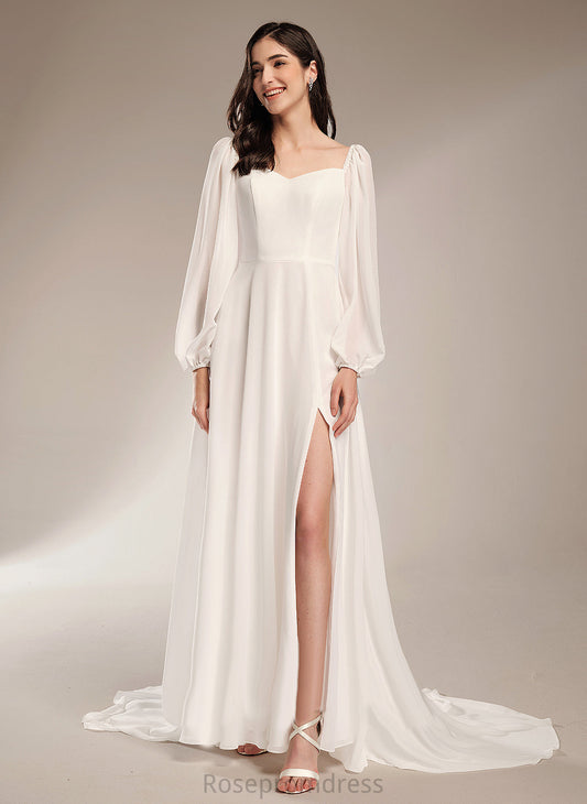 Train Wedding Dresses Dress Chapel Split A-Line With Chiffon Wedding V-neck Front Amiya