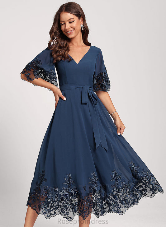 Chiffon Izabella A-Line Cocktail Club Dresses Sequins V-neck Lace With Tea-Length Dress