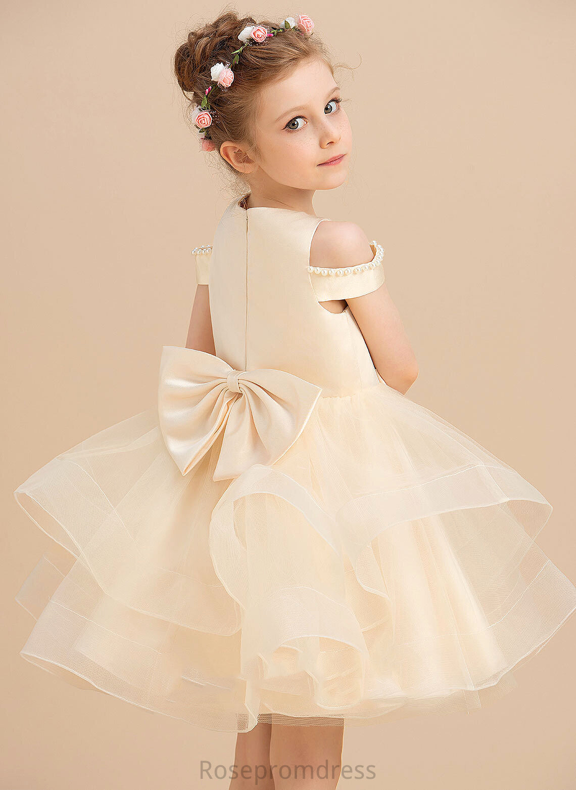 With Sleeveless Satin/Tulle Olive Dress Knee-length Flower Girl Dresses - Flower Beading/Bow(s) Girl Ball-Gown/Princess Neck Scoop