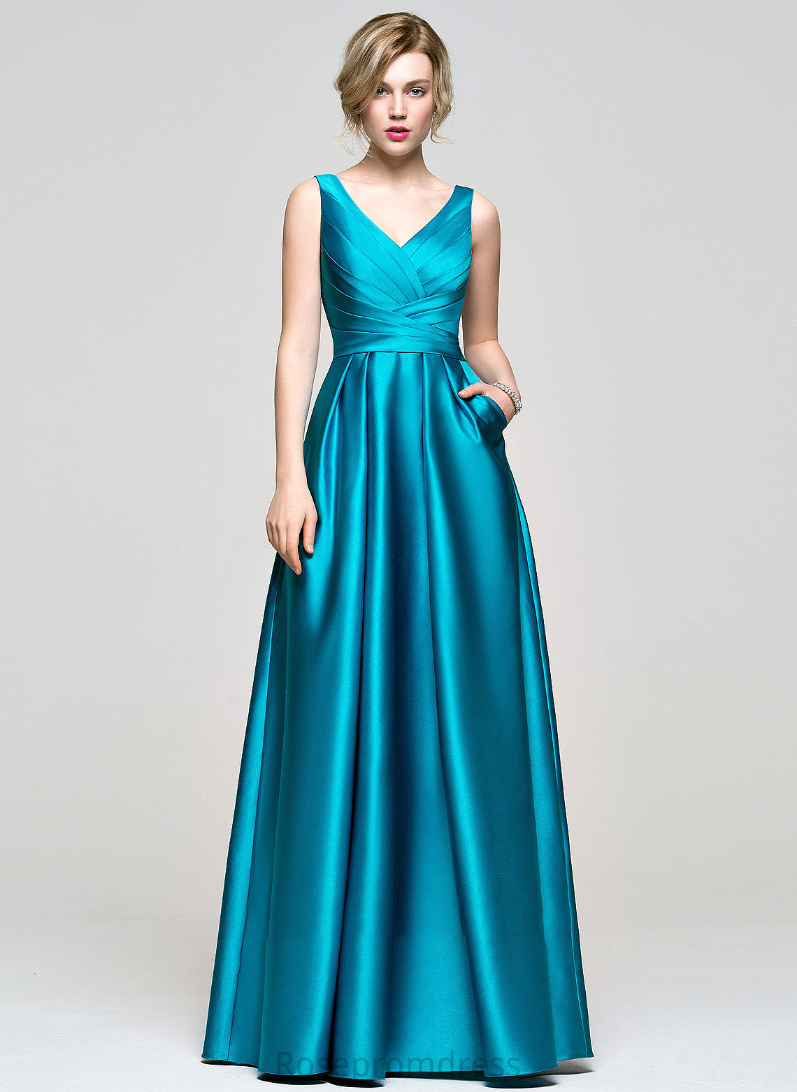 Prom Dresses With V-neck Pockets Floor-Length Ball-Gown/Princess Ruffle Satin Cara