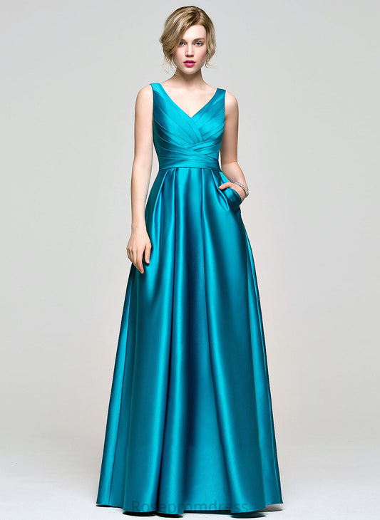 Prom Dresses With V-neck Pockets Floor-Length Ball-Gown/Princess Ruffle Satin Cara