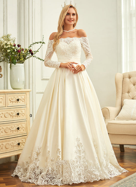 Alaina Sweep Off-the-Shoulder Wedding Sequins Wedding Dresses Lace Ball-Gown/Princess Train Dress With Beading Satin